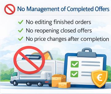 Ilustración que muestra que los conductores no pueden editar ni reabrir ofertas de transporte finalizadas en la plataforma ExusTrans